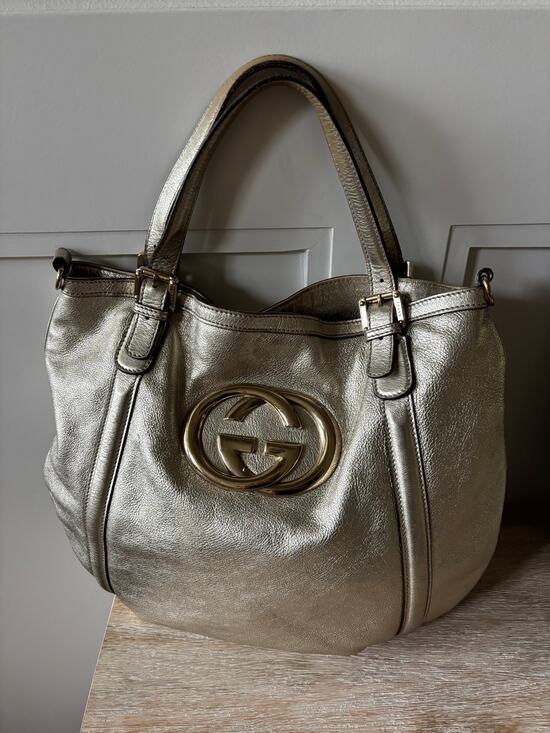 Gucci Handbags - Gucci Metallic Gold Leather Shoulder Bag with Gold Logo